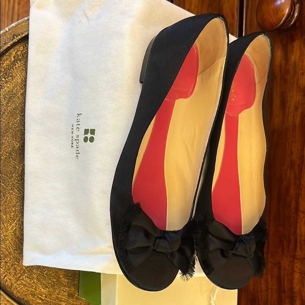 kate spade Black Bow Ballet Flats with Pink Insole Accent